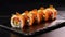 Savor the Delight of Sushi Maki Rolls Adorned with Sliced Salmon. Generative AI