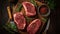 Savor the Flavors, Raw Meat Steaks with Fresh Seasonings on a Rustic Wooden Canvas. Generative AI