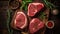 Savor the Flavors, Raw Meat Steaks with Fresh Seasonings on a Rustic Wooden Canvas. Generative AI
