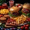 Savor the moment Assorted fast food items, burgers, sausages