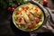 Savor the top view of a chicken salad with kitchen towel