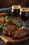 Savoring a delicious steak and fresh greens meal accompanied by dark beer on wooden platter