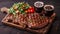 Savoring a delicious steak and fresh greens meal with dark beer on a rustic wooden board