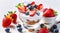 Savoring Homemade Yogurt with Fresh Strawberries, Berries, and Cereals on a White Background. Generative AI