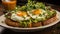 Savory avocado toast topped with two perfectly fried eggs, fresh microgreens, and a sprinkle of seasoning on a white plate, paired