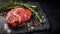 Savory Beef Steak With Spices On Dark Stone Background