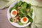 Savory breakfast: soft boiled egg with toasted bread, spinach and parmesan cheese. Healthy brunch meal.