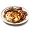 Savory British Bangers and Mash with Gravy on a Plate .