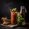 Savory Caesar drink in tall glass with savory snacks