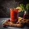 Savory Caesar drink in tall glass with savory snacks