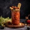 Savory Caesar drink in tall glass with savory snacks