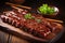 Savory close up of roasted bbq pork ribs with succulent meat slices, an appetizing delight.