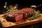 Savory delight grilled meat steak on wooden board with rosemary