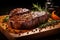 Savory delight grilled meat steak on wooden board with rosemary