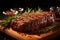 Savory delight grilled meat steak on wooden board with rosemary