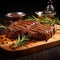 Savory delight grilled meat steak on wooden board with rosemary