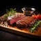 Savory delight grilled meat steak on wooden board with rosemary