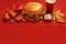 Savory delights burger and nuggets showcased on a bold red