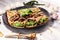 Savory Homemade Mushroom and Spinach Crepes with Cheese and avocado.