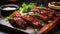 Savory and juicy roasted sliced barbecue pork ribs close up, mouthwatering sliced meat