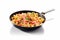 Savory Pasta Medley: Skillet Tossing with Diced Ham Creates a Flavorful Fusion on White Background