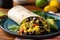 A savory, Southwestern-style breakfast burrito, filled with scrambled eggs, avocado, black beans, and salsa, served patterned
