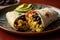 A savory, Southwestern-style breakfast burrito, filled with scrambled eggs, avocado, black beans, and salsa, served patterned