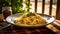 Savory Spaghetti Aglio e Olio on Colorful Plate at Golden Hour