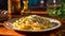 Savory Spaghetti Aglio e Olio on Colorful Plate at Golden Hour