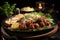 Savory spaghetti and meatballs with parmesan, garlic bread on plate, vibrant lighting