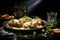 Savory spaghetti and meatballs with parmesan, garlic bread vibrant presentation