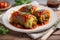 Savory Stuffed Cabbage with Rice: Delectable Dish on a White Table.