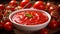 Savory tomato sauce and fresh cherry tomatoes in wooden bowl, close up shot on wooden table