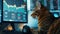 A savvy cat analyzing Bitcoin trends paw on mouse business charts on computer screen