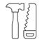 Saw and hammer thin line icon, house repair concept, carpentry tools sign on white background, Hand saw and hammer icon
