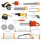 Saw vector sawing equipment hand-saw hacksaw chainsaw and pullsaw sawdust carpentry metal tool with sharp blade for