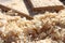 Sawdust and light wood shavings close-up the carpentry workshop after sawn timber processing