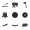 Sawmil and timber set icons in black style. Big collection of sawmill and timber