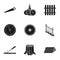 Sawmil and timber set icons in black style. Big collection of sawmill and timber