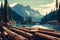 Sawmill by the river with logs being floated downstream and processed into lumber, surrounded by mountains and a bright blue sky