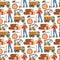 Sawmill woodcutter character logging equipment lumber machine industrial wood timber forest seamless pattern background