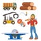 Sawmill woodcutter character logging equipment lumber machine industrial wood timber forest vector illustration.