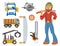 Sawmill woodcutter character logging equipment lumber machine industrial wood timber forest vector illustration.