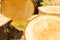 Sawn tree rounds closeup of circle patterns of a cut tree showing annual growth