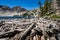 Sawtooth Lake in Idahoâ€™s Sawtooth Mountain Range in the Salmon-Challis National Forest near Stanley Idaho. Logs in foreground