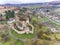 Saxon fortified church at Alma Vii Transylvania Romania. Aerial