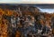 Saxon, Germany - Aerial view of the Bastei Bridge on a foggy autumn morning with colorful autumn foliage and heavy fog