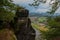 Saxon Switzerland, Germany: View from viewpoint of Bastei, to Elbe river and Kurort Rathen, National park Saxon Switzerland. Mist