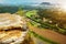 Saxon Switzerland, Germany: View from viewpoint of Bastei, to Elbe river and Kurort Rathen, National park Saxon Switzerland. Mist