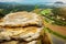 Saxon Switzerland, Germany: View from viewpoint of Bastei, to Elbe river and Kurort Rathen, National park Saxon Switzerland. Mist